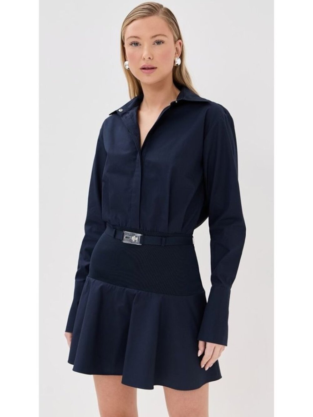 1895$ Brandon Maxwell Irene Belted Knit-Yoke Mini Shirtdress Womens Size 10 Navy